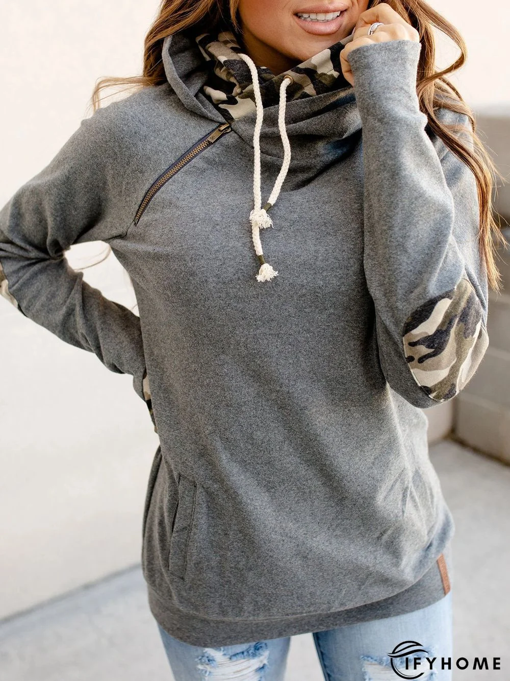 Casual All Season Camo Cotton Pockets Mid-weight Long sleeve Hooded Regular Sweatshirt for Women | IFYHOME