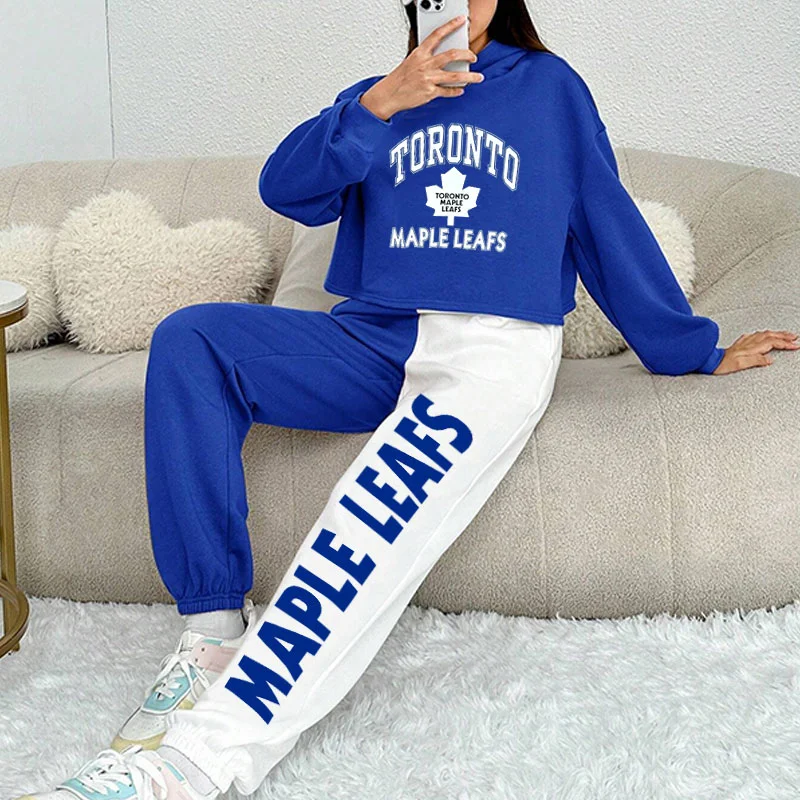 Supports Toronto Maple Leafs Hockey  Knitted Letter Print Hooded Sweatshirt And Pants Two-Piece