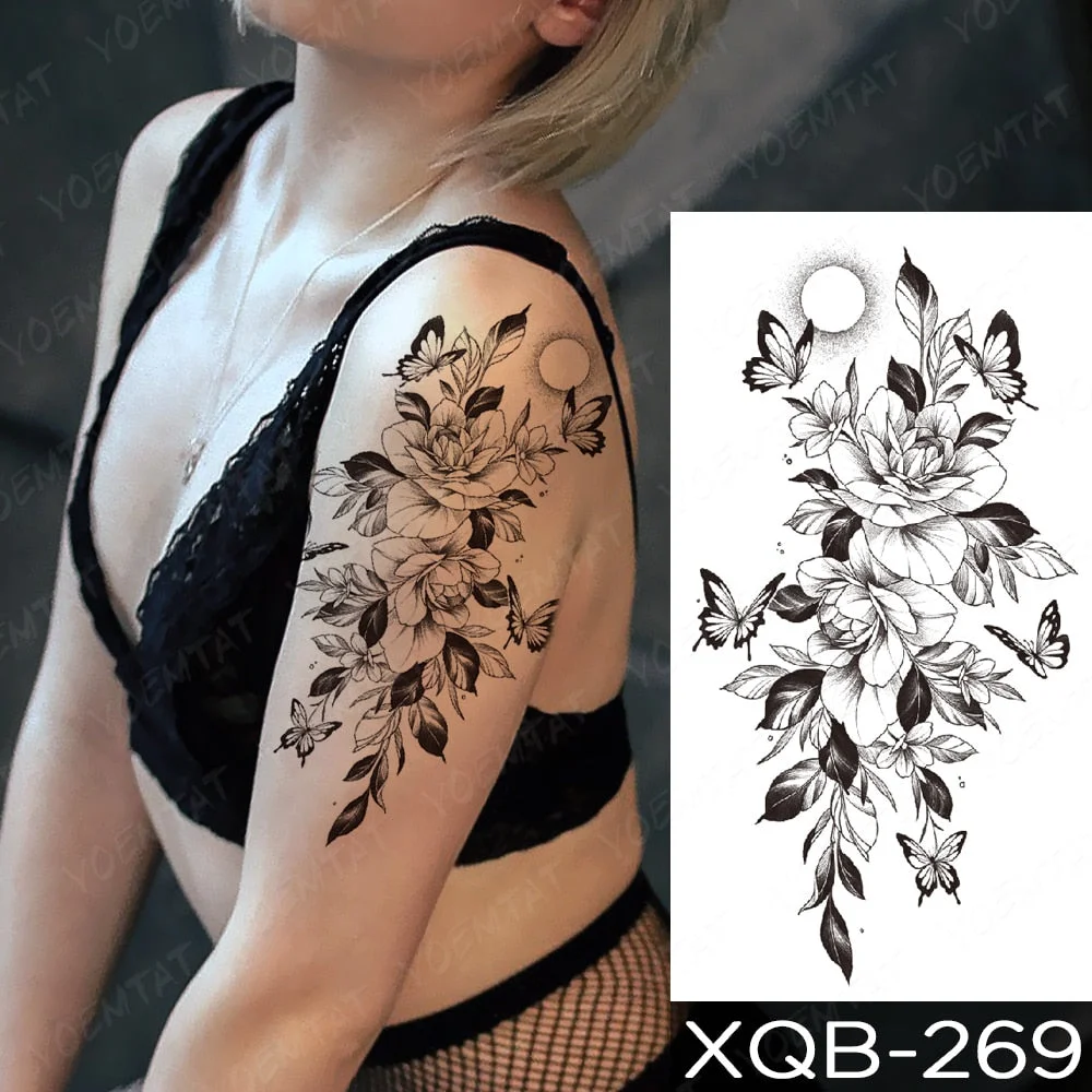 Waterproof Temporary Tattoo Sticker Orchid Flower Tattoos Peony Lotus Lines Painted Rose Body Art Arm Fake Sleeve Tatoo Women