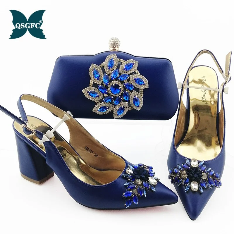 Italian Design New Arrival Nigerian Crystal and Appliques Decoration Style Women Shoes and Bag Set in Purple Color for Party