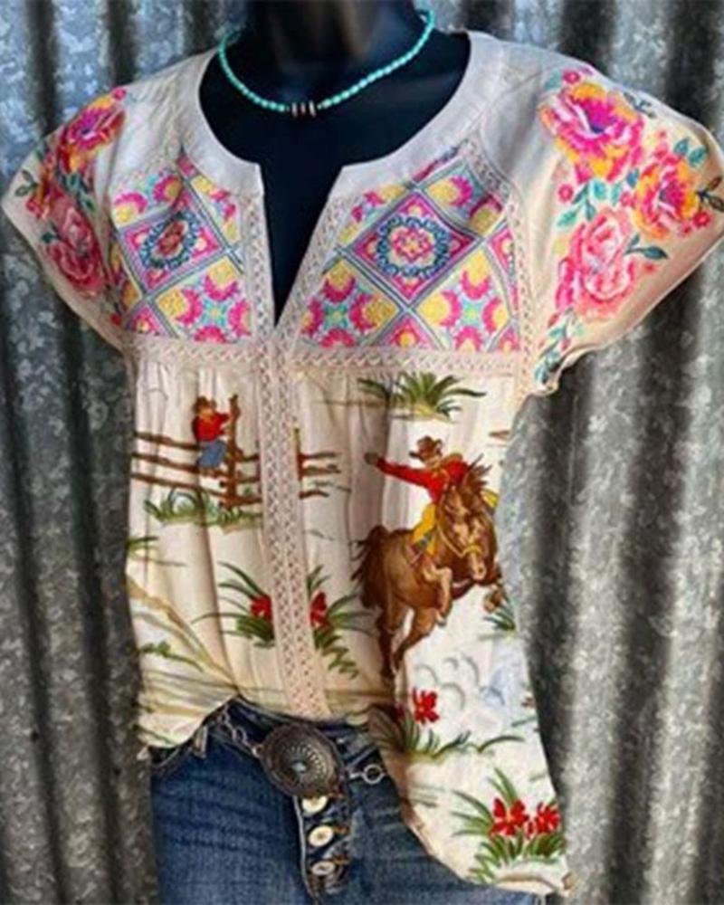 Women's Floral Print Ethnic Style Short Sleeve  T-Shirt-030903