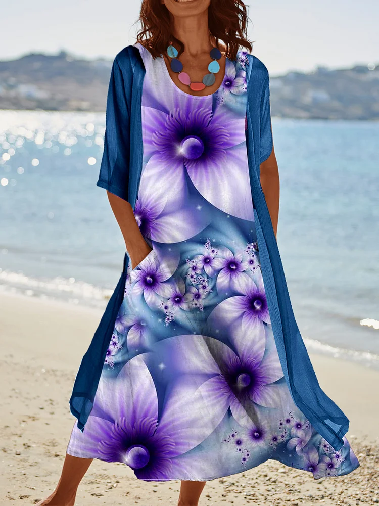 Women's Purple Floral Print Two Piece Casual Midi Dresses socialshop