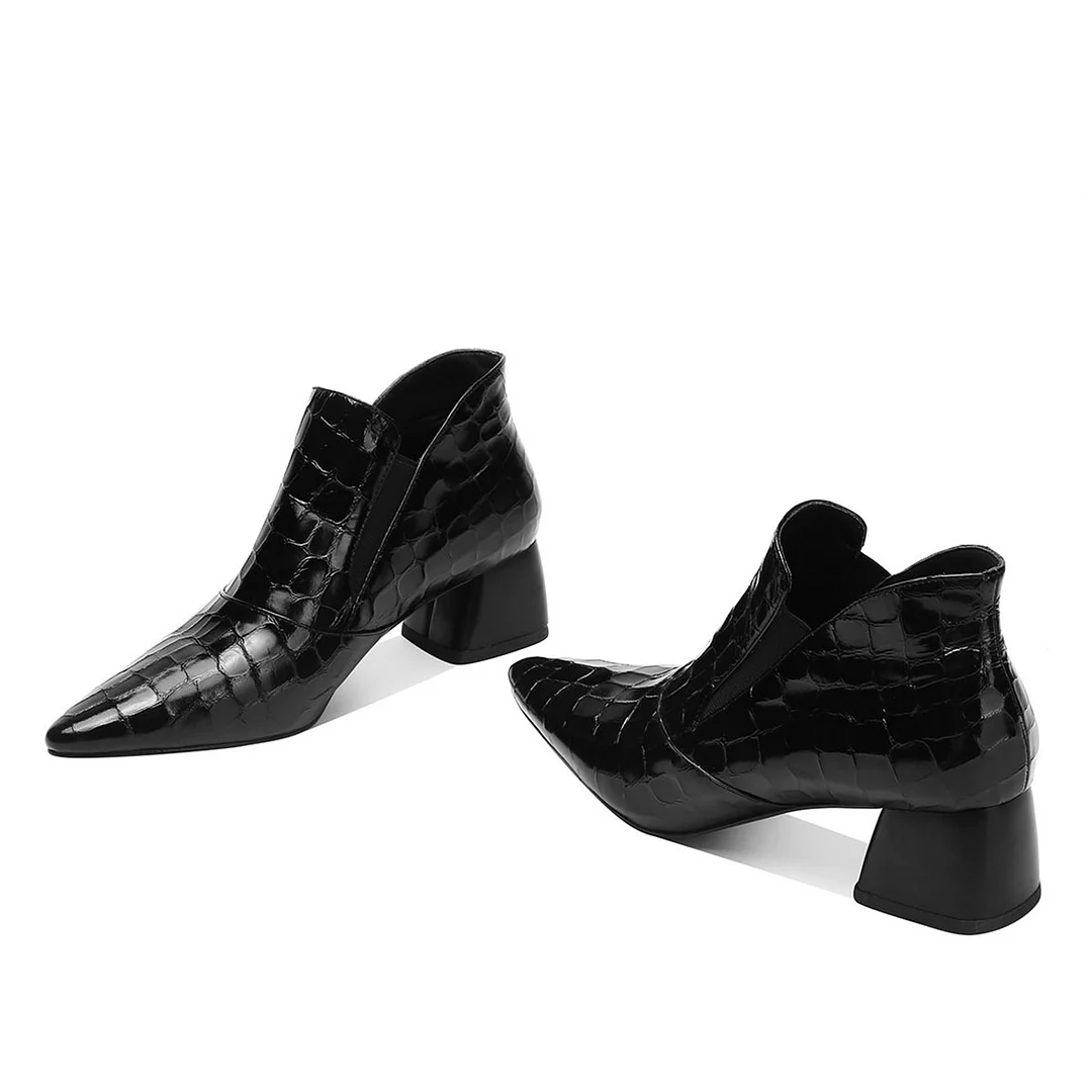 YDN Pointed Toe Croco Embossed Chunky Heel Ankle Boots in Black