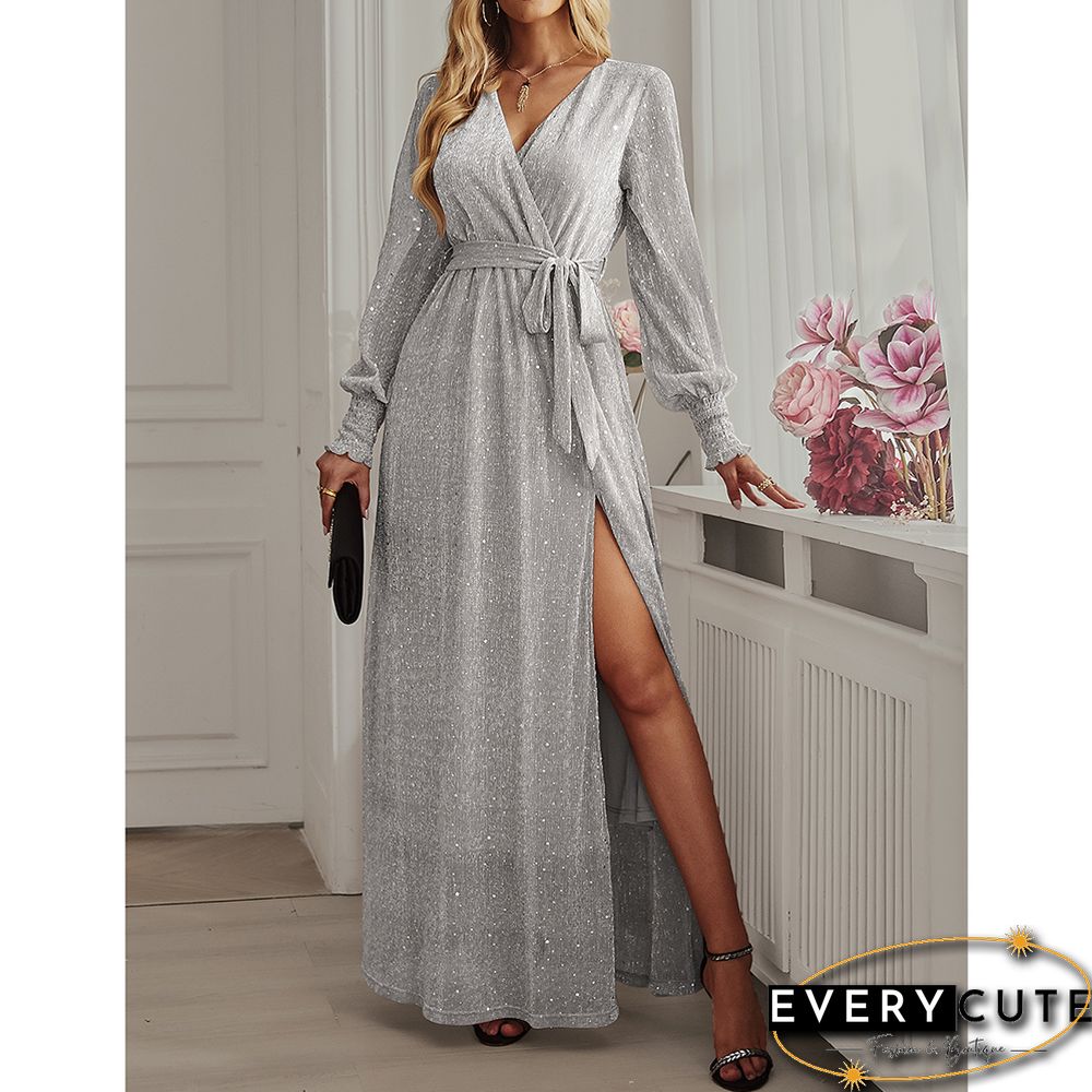 Silver Sequin V Neck High Split Maxi Dress