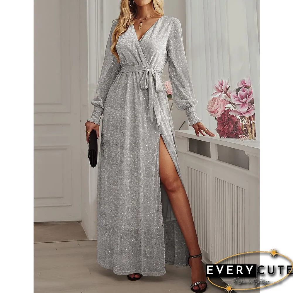 Silver Sequin V Neck High Split Maxi Dress
