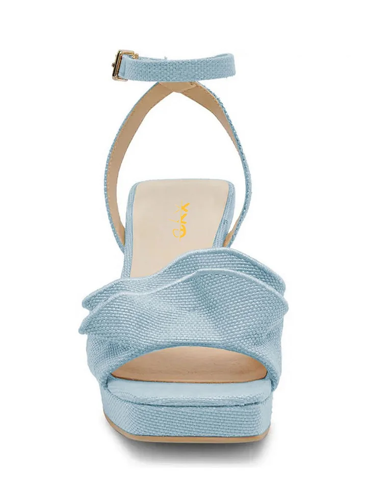 Light Blue Open Toe Ruffle 3 Inch Chunky Heel Dress Sandals for Women