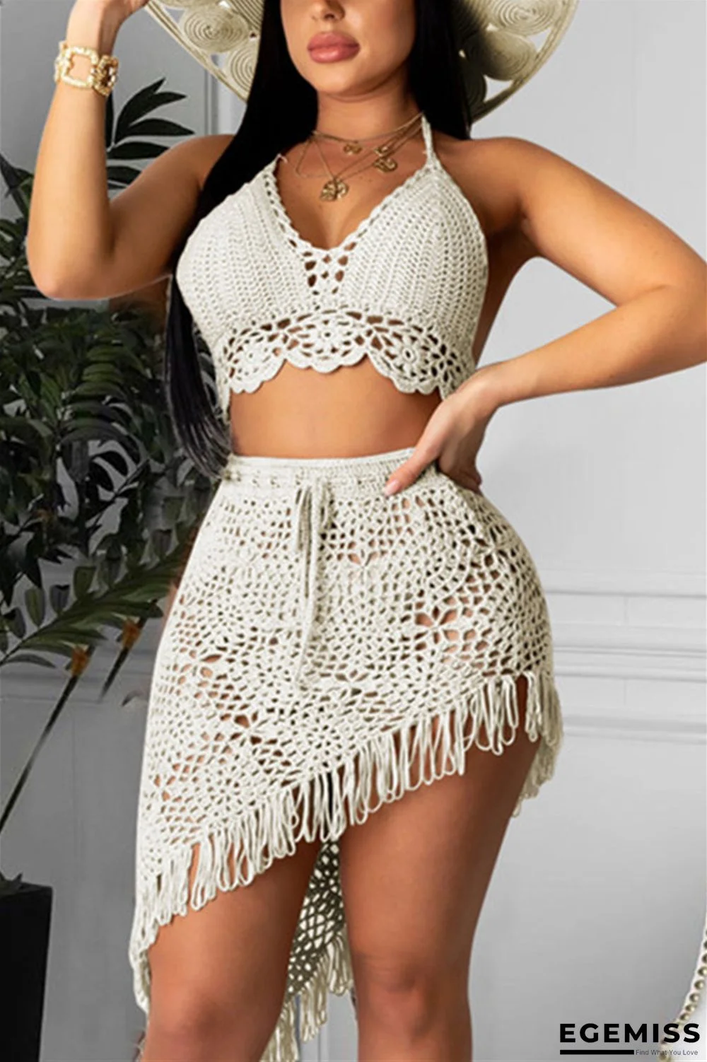 White blend Tassel backless perspective Hooded Out Sexy Swimwears | EGEMISS