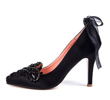 Black Evening Shoes Satin Rhinestone Pointy Toe Pumps with Bow |FSJ Shoes