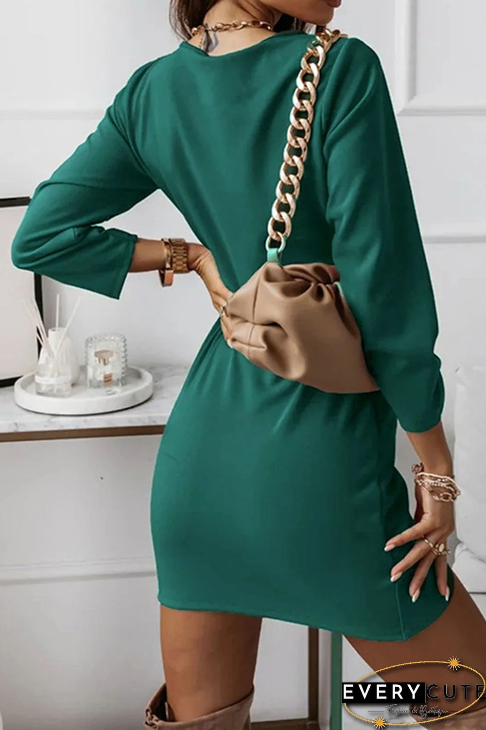 Fashion Elegant Solid Split Joint Fold V Neck Pencil Skirt Dresses(4 Colors)