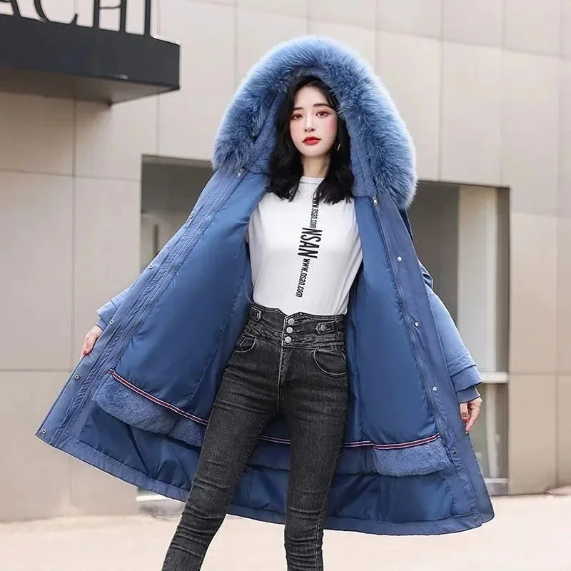 Tlbang New Snow Wear Long Parkas Winter Jacket Women Fur Collar Hooded Clothing Female Casual Fur Lining Thick Parka Winter Clothe