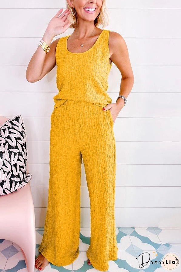 Yellow Crinkled U Neck Tank and Wide Leg Pants Set