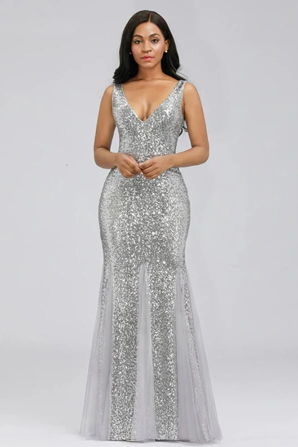 Silver V-Neck Sequins Mermaid Prom Dress Long Evening Party Gowns