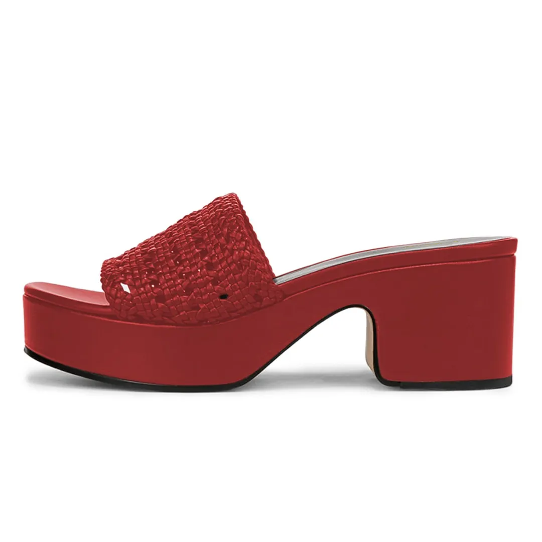 Red Vegan Leather Open Round Toe Woven Block Heel Platform Mules