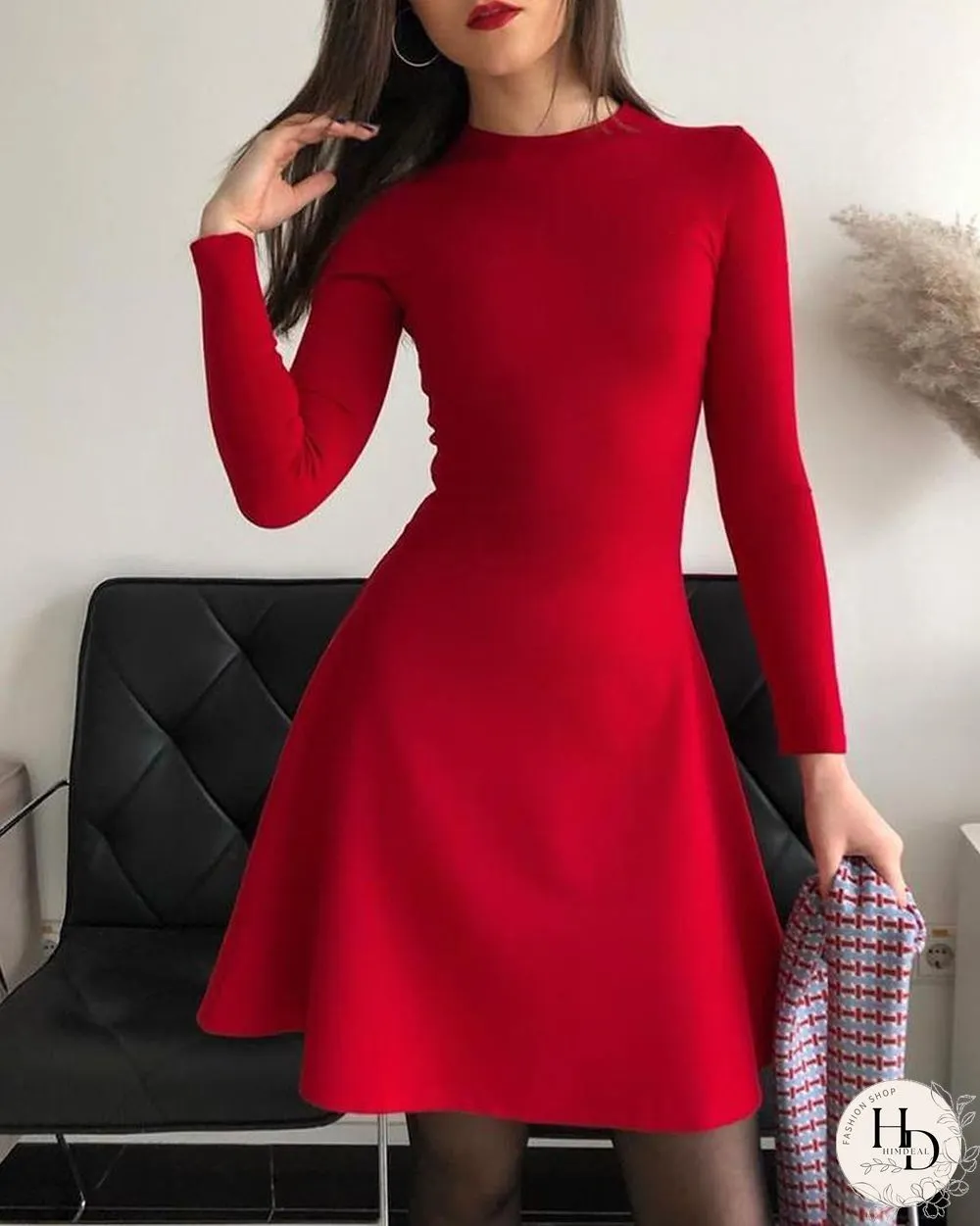 Long Sleeve Plain Casual Dress P13327
