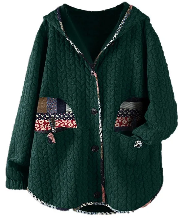 Womens Cotton Coat Floral Patchwork Single-breasted Hoodie Coat Outerwear Plus Size