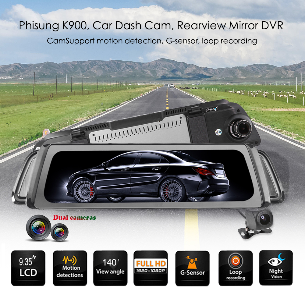 

Phisung K900 9.35in IPS Car Dash Cam 1080p+720p Rearview Mirror DVR Camera-268796, Mirror recorder, 501 Original