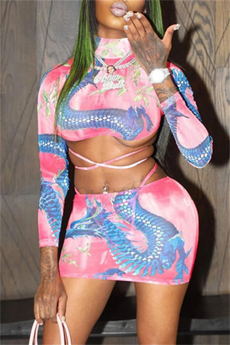 Fashion Sexy Print Backless Cross Straps Turtleneck Long Sleeve Two Pieces