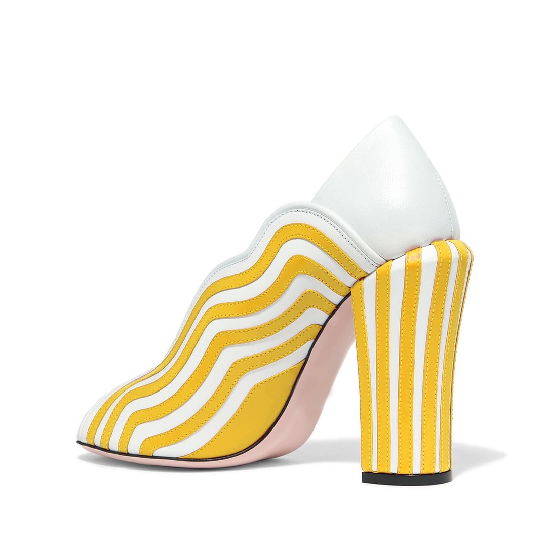 Yellow Stripes Peep Toe Heels Pumps Women's Block Heels Nicepairs