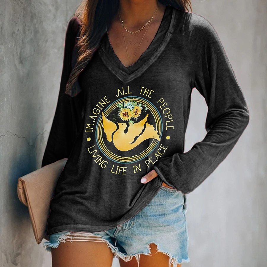 Imagine All The People Living Life In Peace Printed Long Sleeves T-shirt