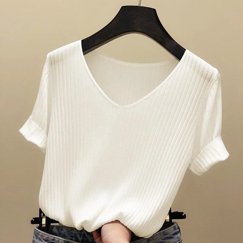 Knitted Short Sleeve Blouse Women Tops 2021 Solid Korea Summer Shirt Thin V-neck Knit Female Tee Shirt Dames Gebreid Shirt 13783