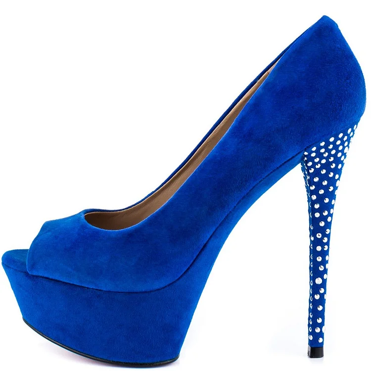 Women's Blue Vegan Suede Peep Toe Heels Rhinestone Platform Pumps |FSJ Shoes