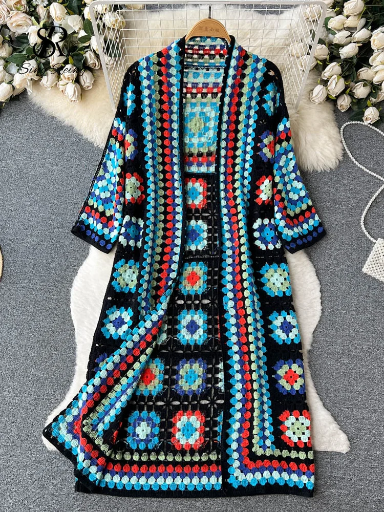 Huibahe Summer Holiday Beach Long Cardigans Spring Fashion Vintage Floral Knit Cardigan Streetwear Loose Hollow Out Overcoat