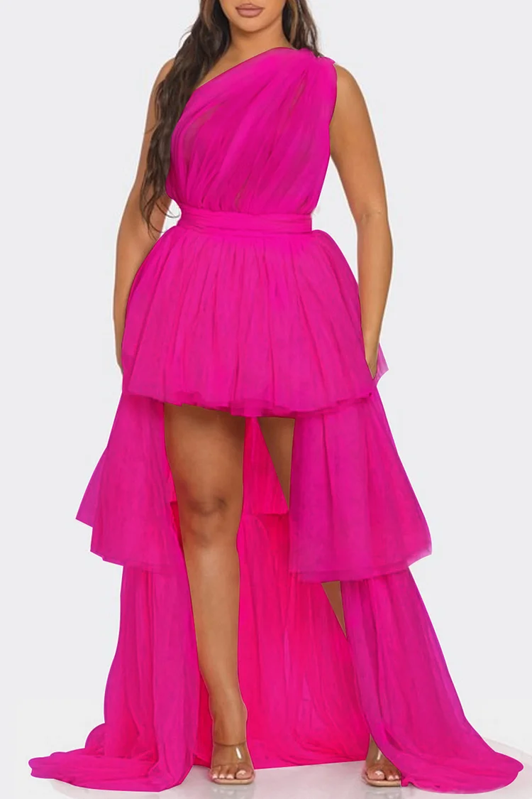 Plus Size Prom Hot Pink Elegant Oblique Collar High Low Hem Ruffle Tulle Maxi Dresses