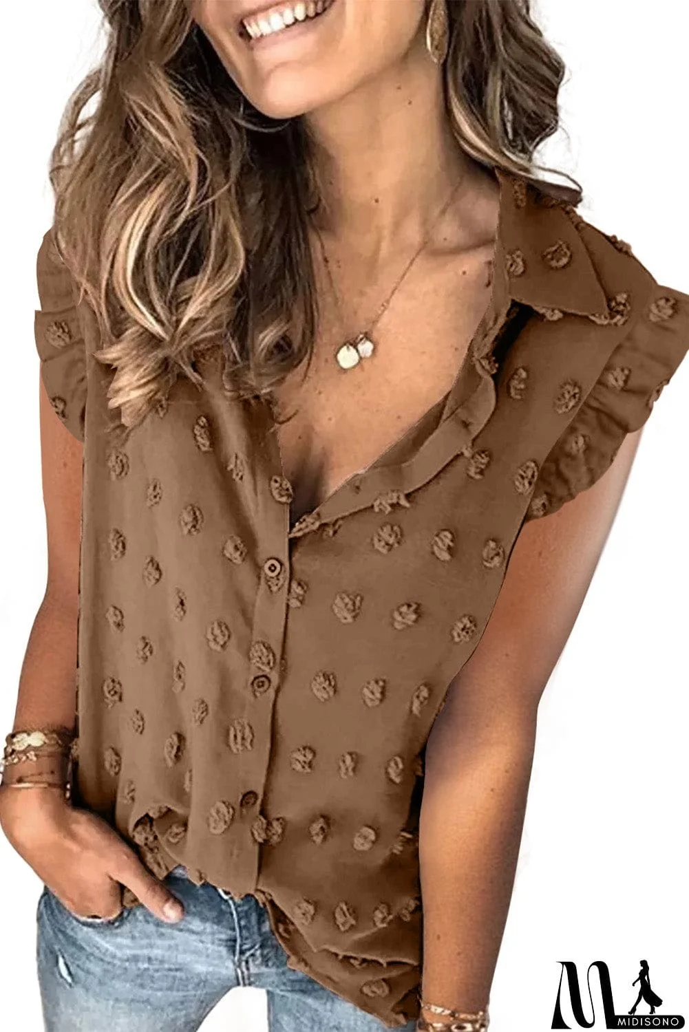 MidiSono - Turn-down Collar Ruffle Polka Dot Tank