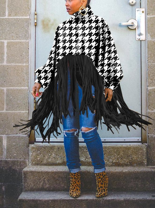 Fashion print long sleeve tassel top
