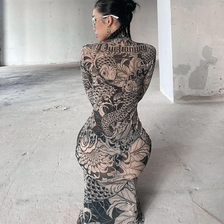 Women Clothing Autumn Mesh Printed See through High Collar Slim Fit Slimming Dress for Women 