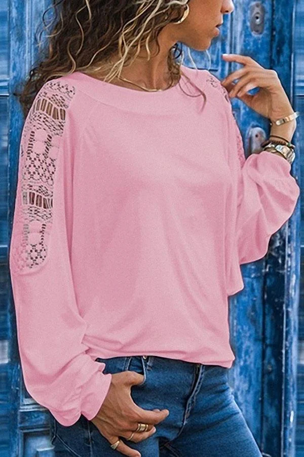 Round Neck Long Sleeve Lace Patchwork T-Shirts