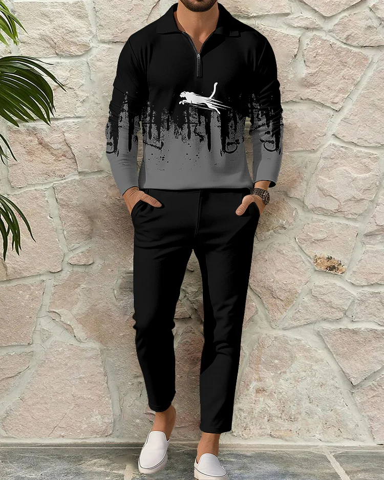 Men's Casual Colorblock Personalized Long Sleeve Polo Shirt Set 146