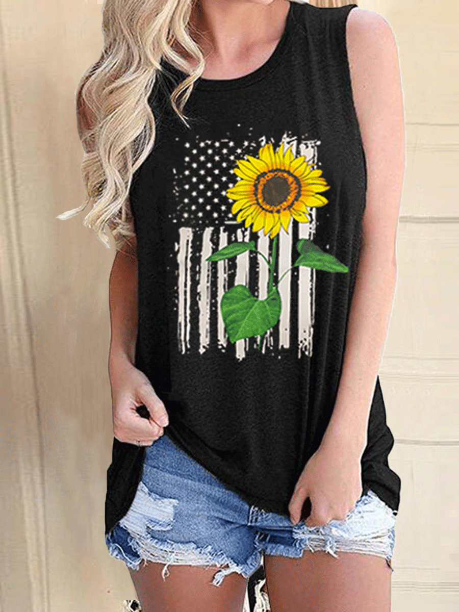 American Flag Sunflower Print Sleeveless T-shirt
