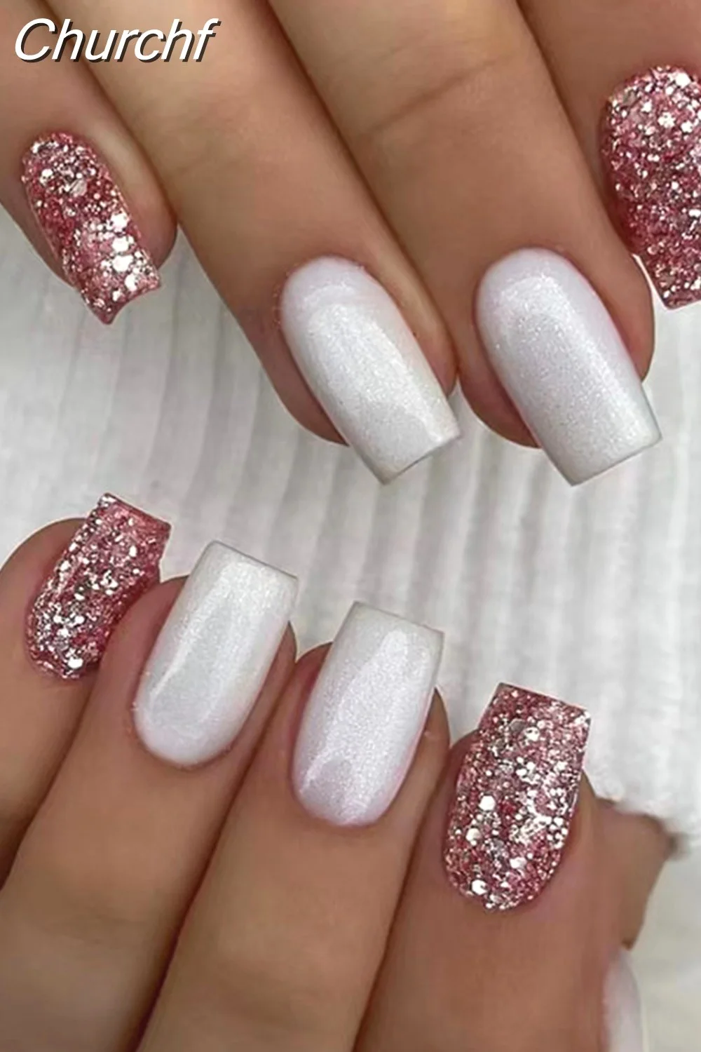 Churchf Nail Full Cover Fake Nail Pink Glitter Wearable French Short Nails Square Head False Nail Press On Nails Manicure Tool 715-1-Nail Inspo