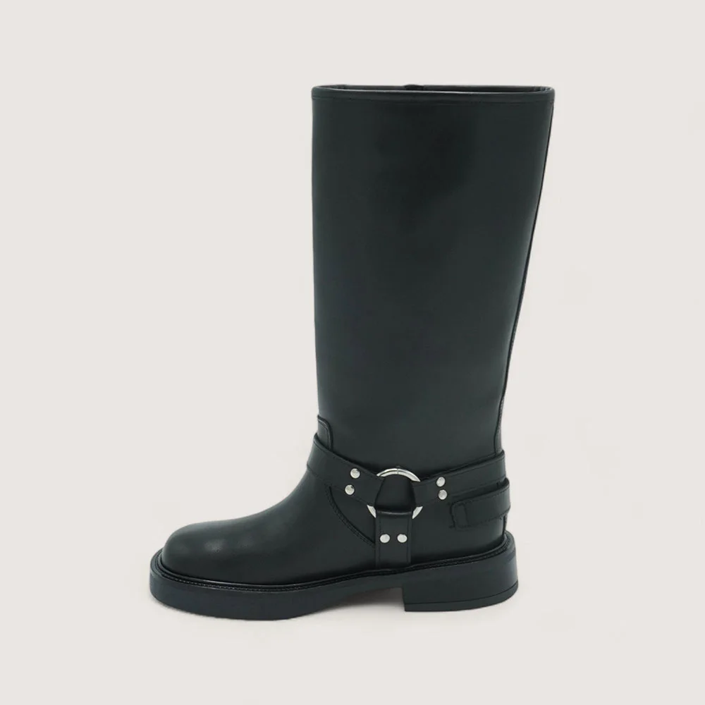Black Round Toe Chunky Heel Buckle Women's Motorcycle Boots
