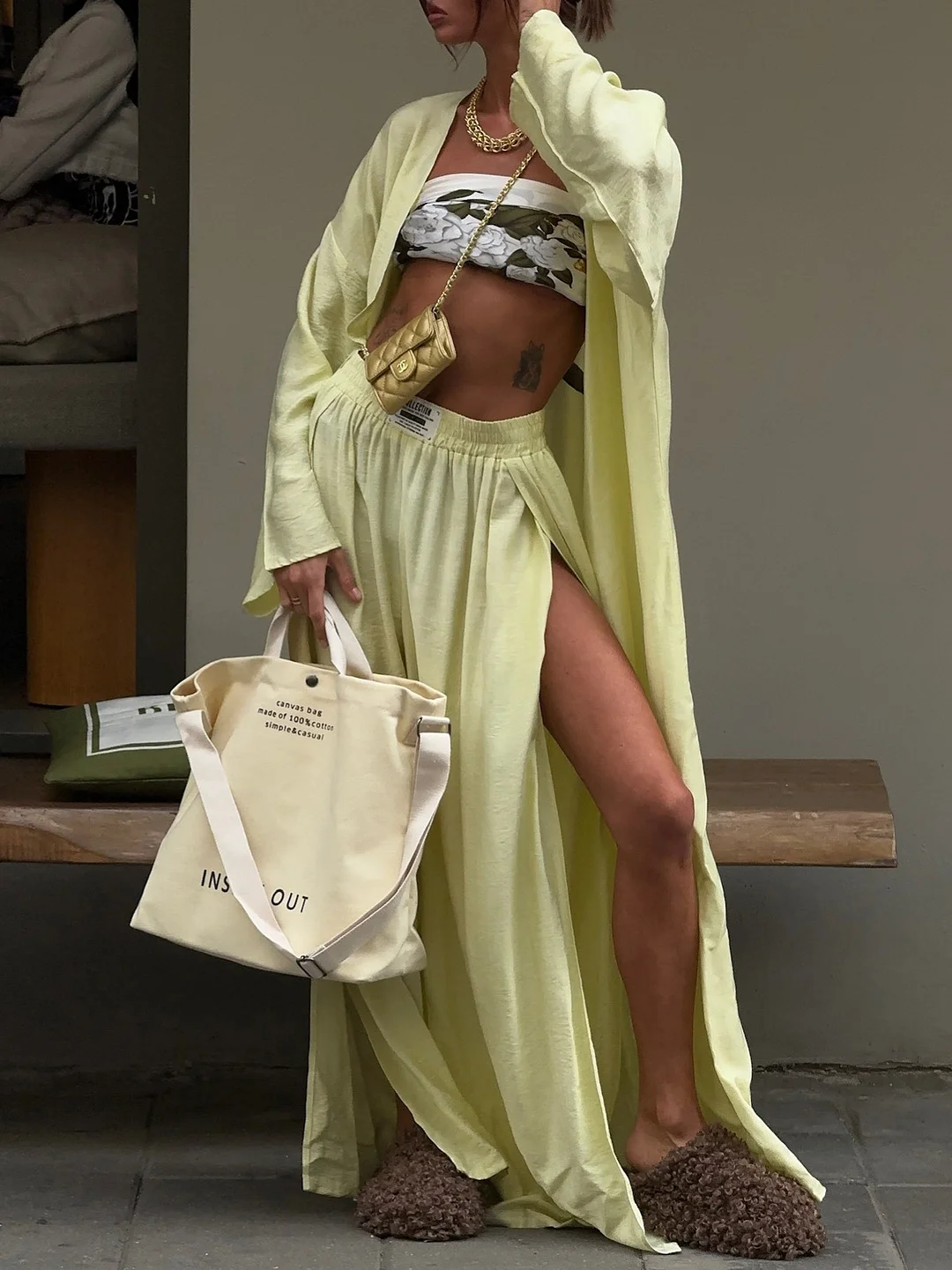 Athvotar Athvotar Girls Loose Long Cardigan Jacket + Side Open Fork Broad Leg Trousers Set Women Loose Feel Fashion Style Out Of The Street