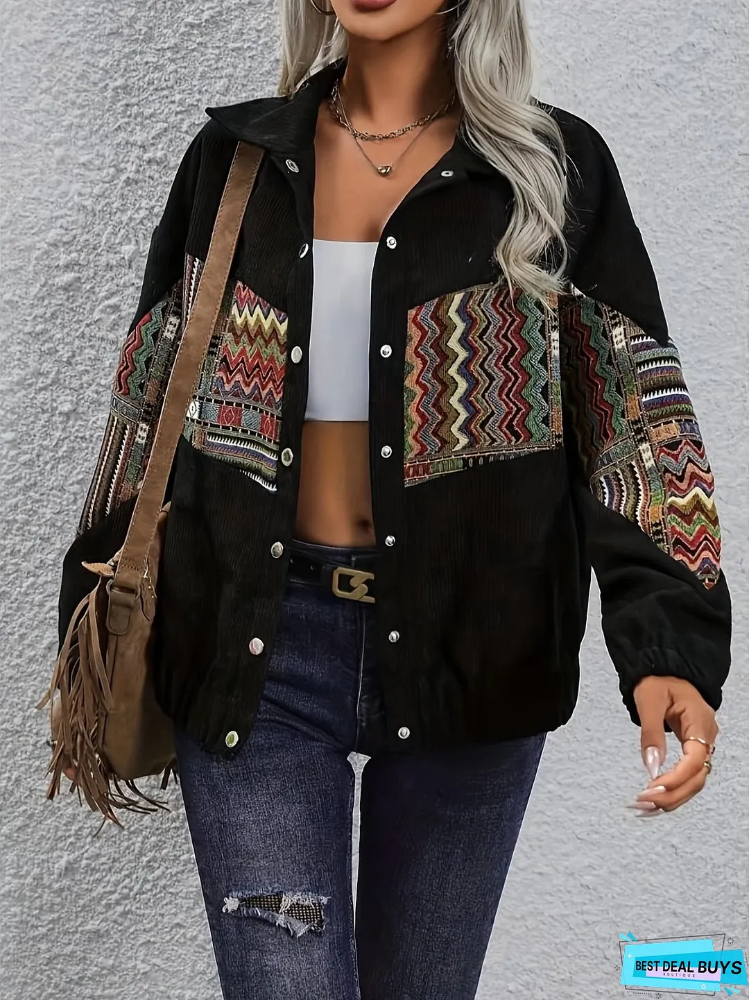 Embroidered Collared Neck Snap Down Jacket