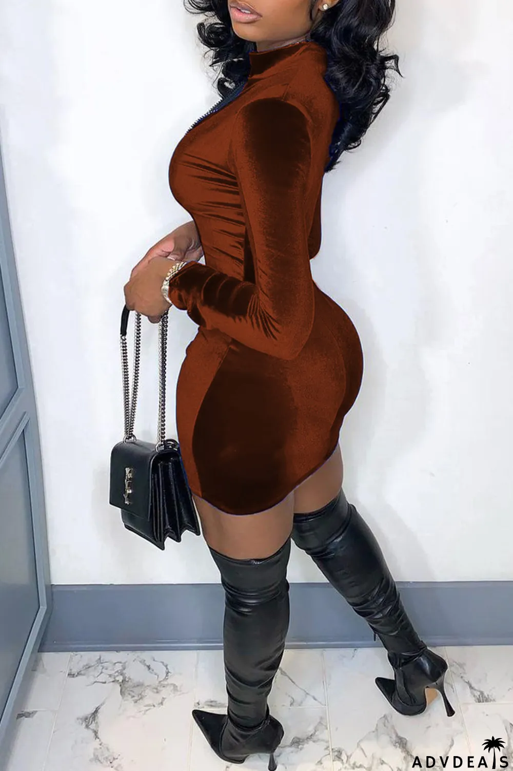 Blue Fashion Casual Solid Split Joint Zipper Collar Long Sleeve Dresses