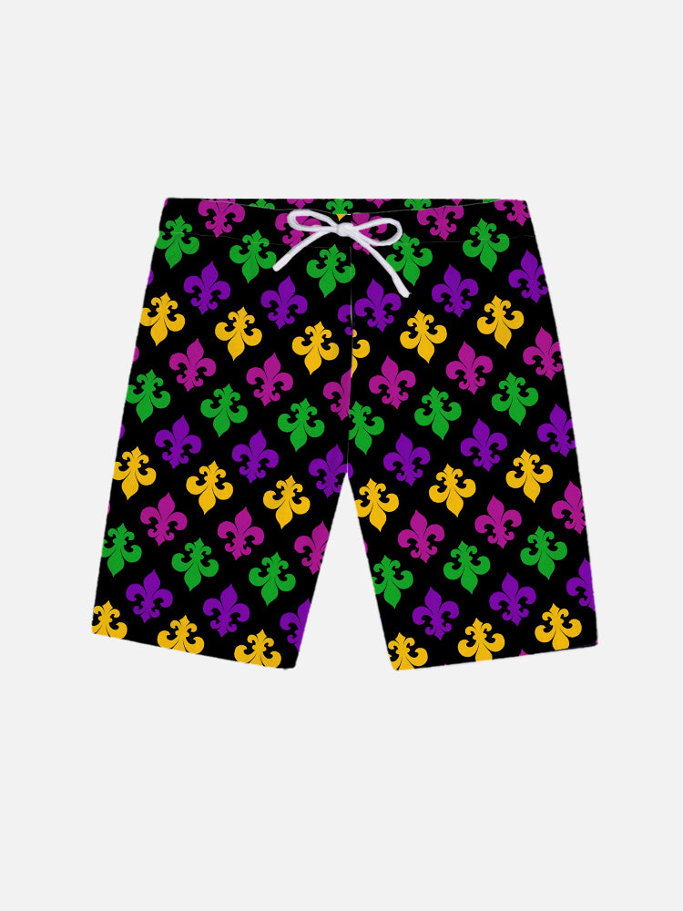 Mardi Gras Carnival Green Yellow Purple Lilies Dress Up Printing Shorts PLUSCLOTHESMAN