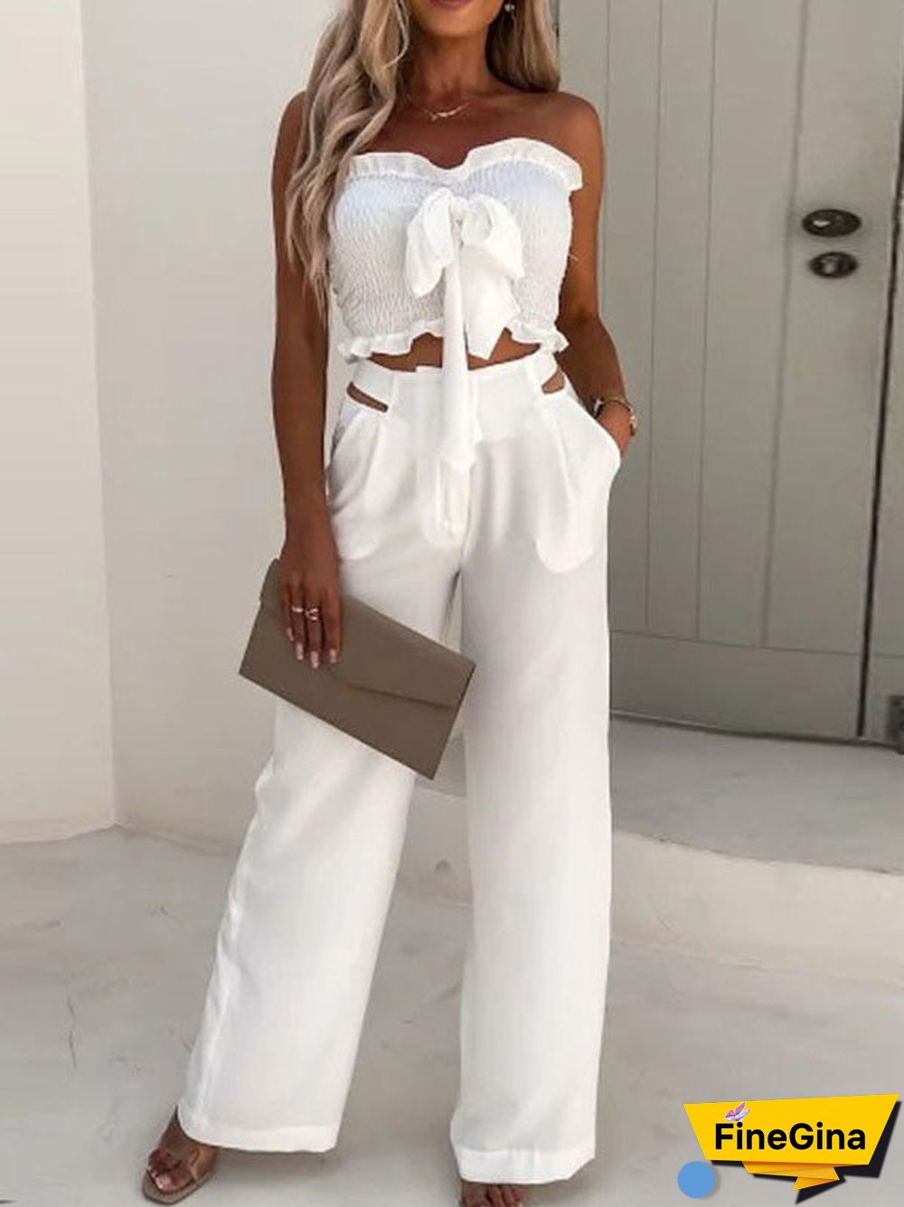 Women'S Sets Bow Cropped Top & Wide Leg Pants Two-Piece Set