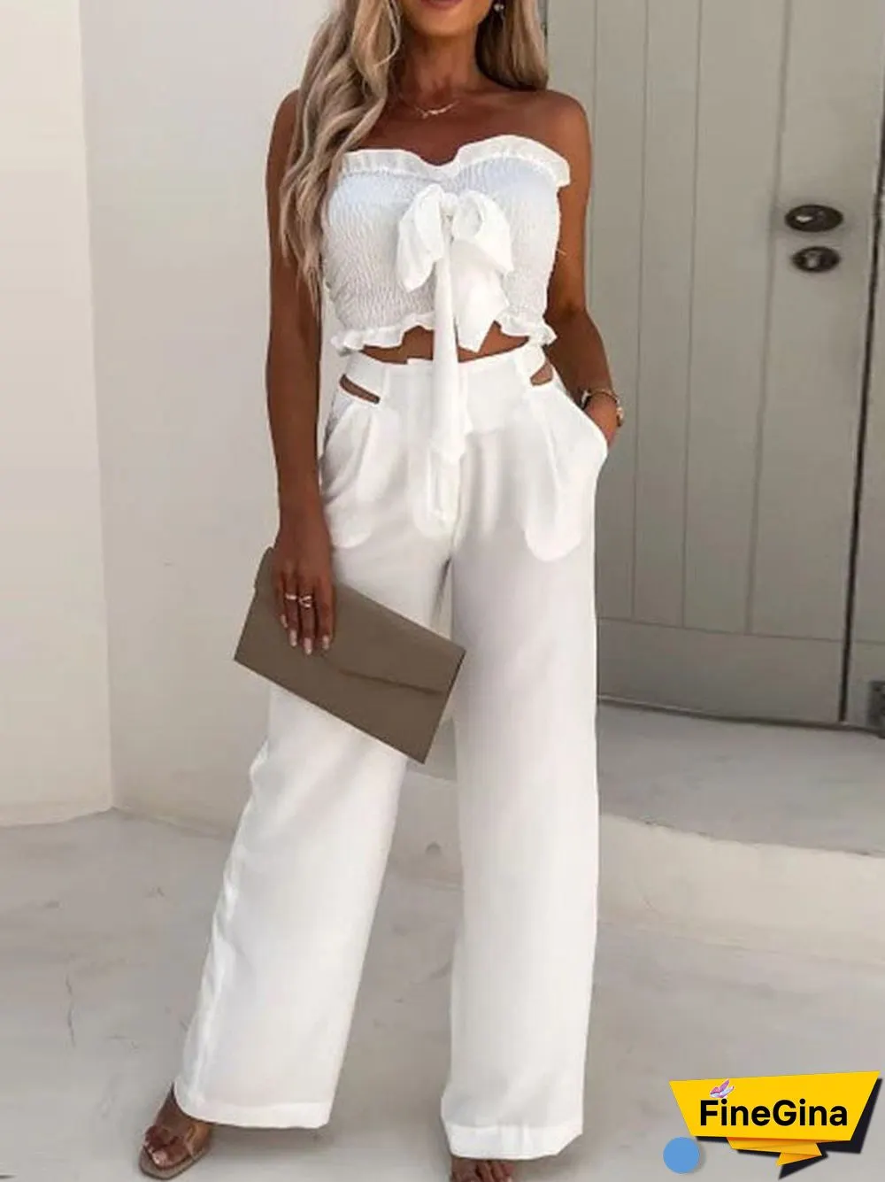 Women'S Sets Bow Cropped Top & Wide Leg Pants Two-Piece Set