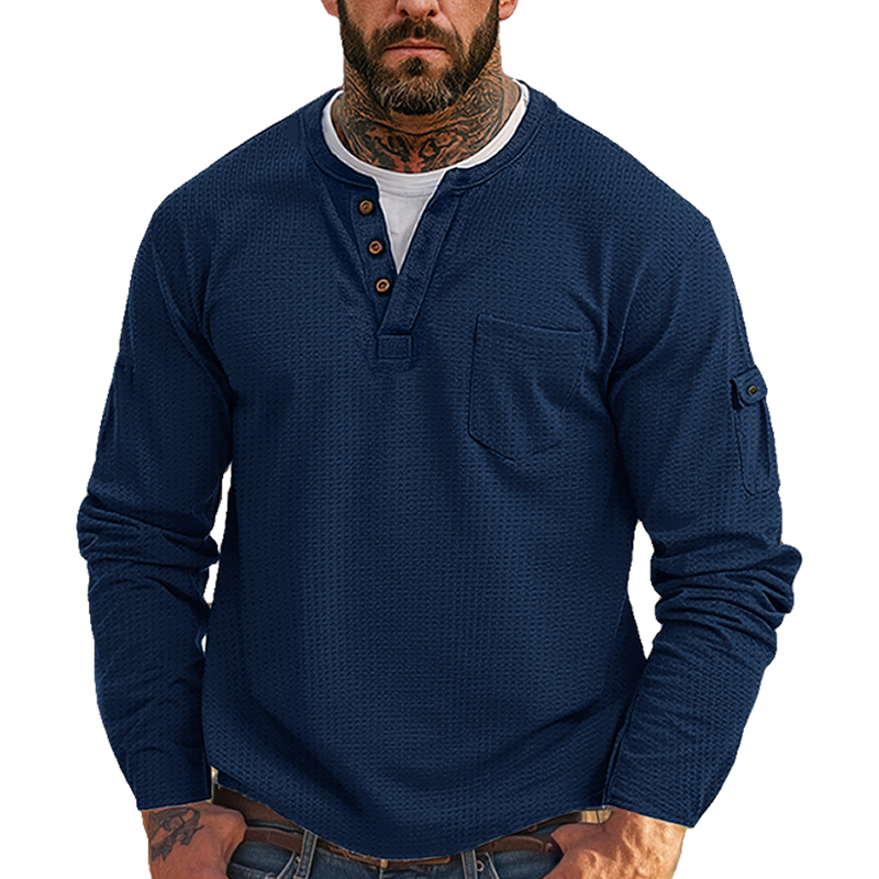 Men's Casual Waffle Country Western Patchwork Neck Long Sleeves Henley T Shirt With Chest Pocket