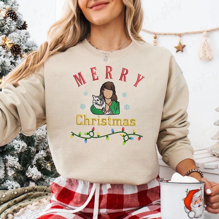 Merry Christmas Custom Photo Embroidered Christmas Sweatshirt Hoodie T-shirt