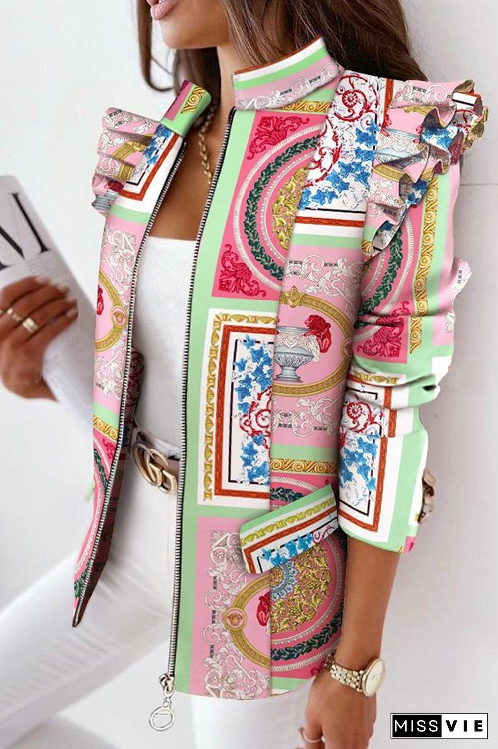 Melrose Plaid Print Ruffles Sleeve Zipper Up Coat