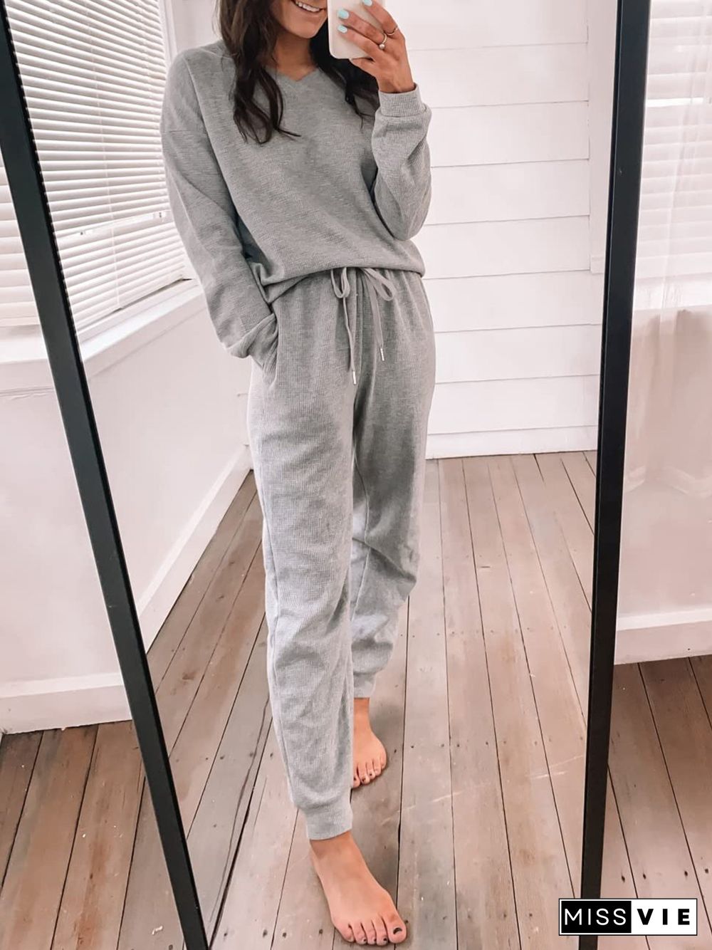 Casual Plain Elastic Waist Loose Two Piece Sets