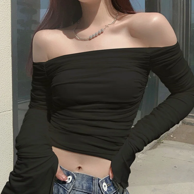 Dulzura Mesh Patchwork Women Long Sleeve Crop T Shirt Ruched Off Shoulder Bodycon Sexy Elegant Streetwear 2021 Spring Summer