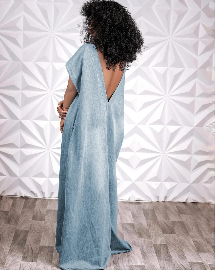 Retro Loose Deep V Plunge Neck Backless Denim Dress