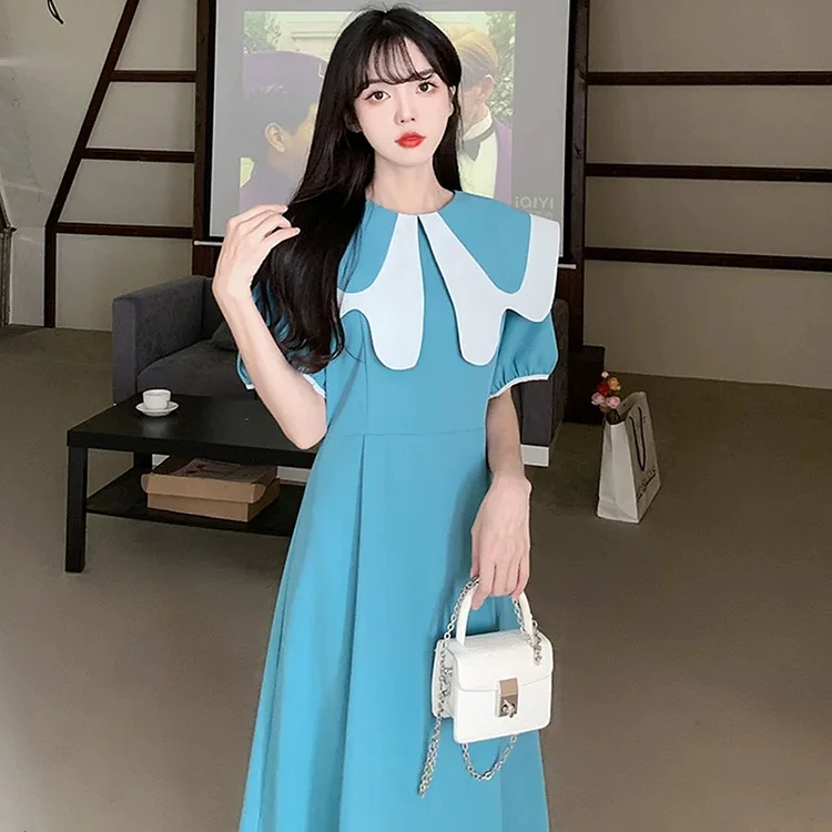 Elegant Contrast Color Butterfly Collar High Waist Puff Sleeve Dress