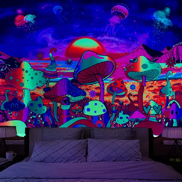 Fluorescent Mushroom Wall Hanging Tapestry Glow Under UV Light Background