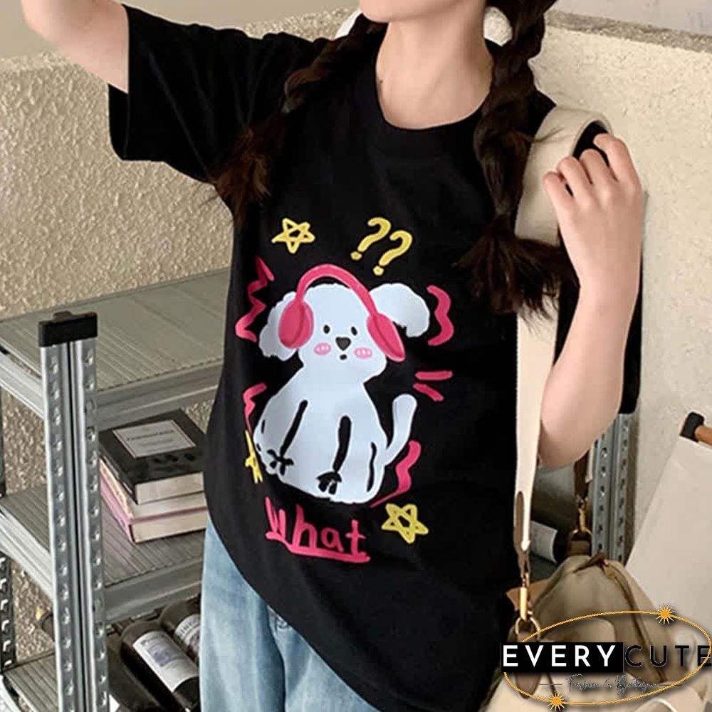 Kawaii Letter Puppy Print Round Collar Oversized T-Shirt